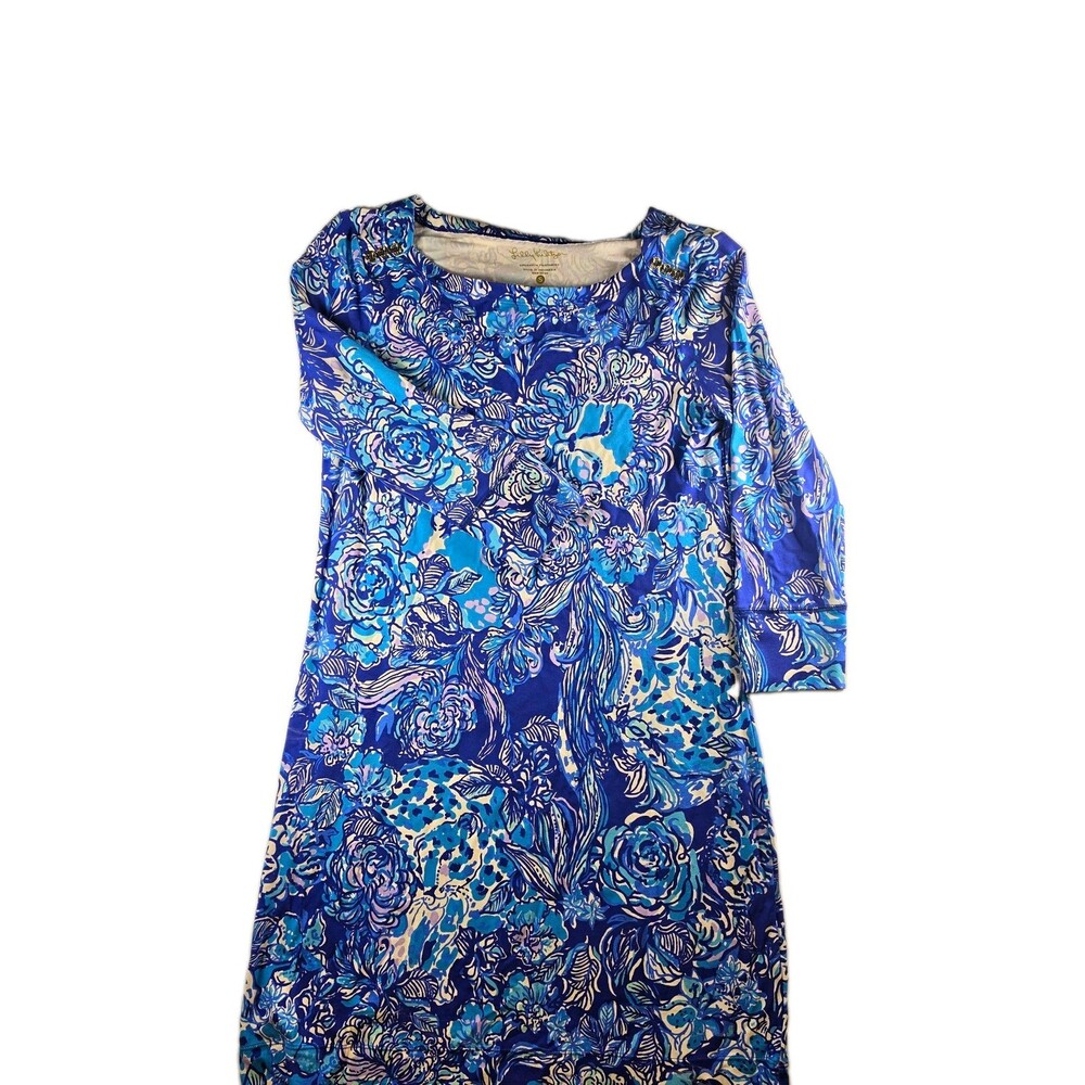 Lilly Pulitzer Blue Floral Dress Size S Rayon/Spandex 3/4 Sleeve Scoop Pullover